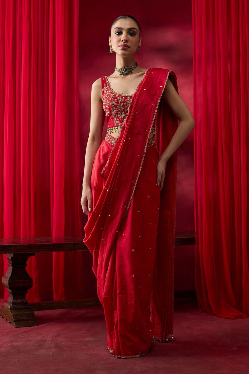 Red Silk Embellished Saree Set with Embroidered Blouse