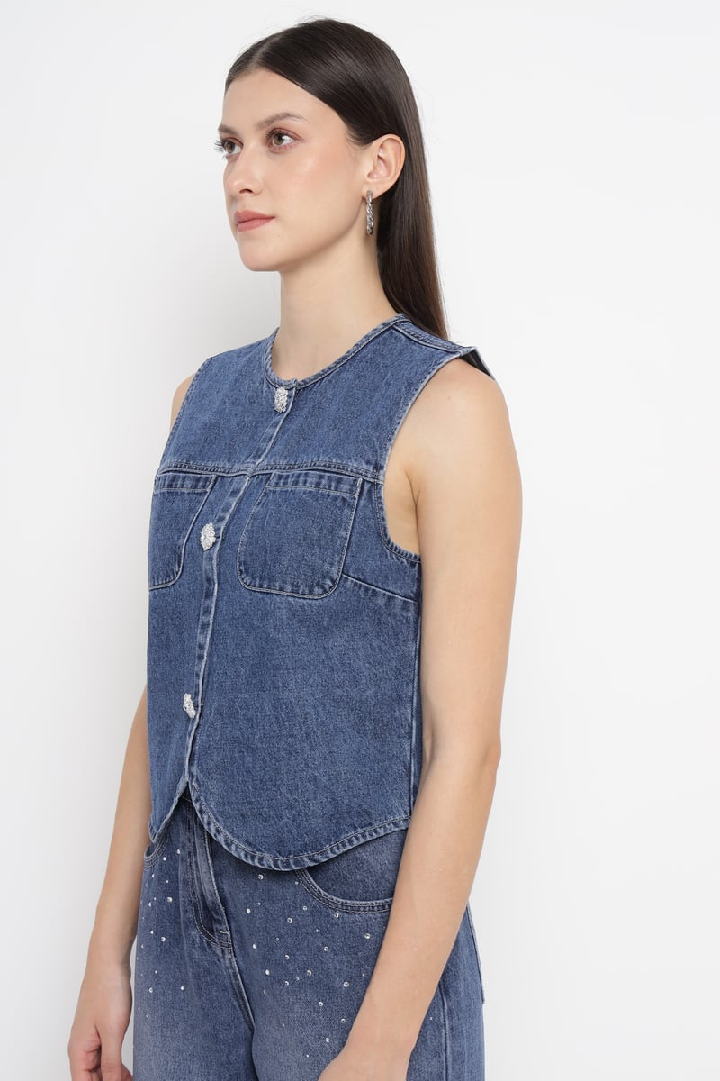 Blue Denim Waistcoat with Statement Buttons