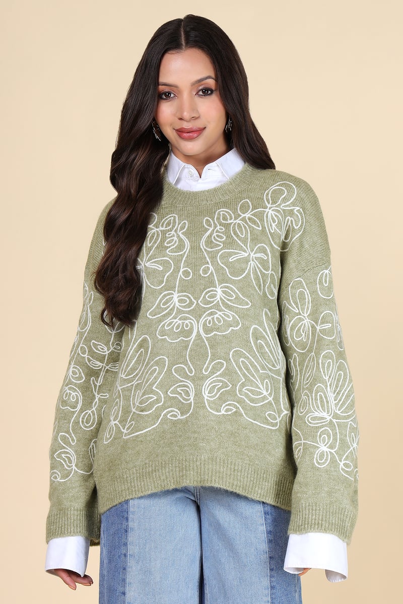 Green Abstract Line-Art Floral Crew Neck Sweater