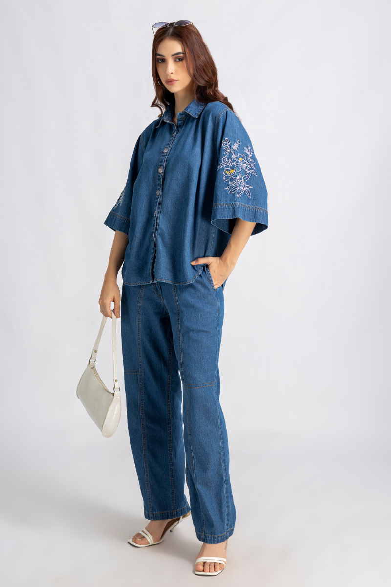 Blue Denim Embroidered Shirt and Pants Co-ord Set
