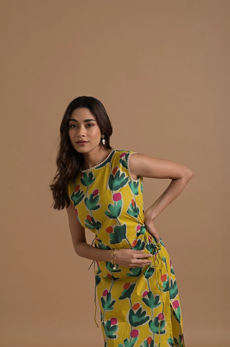 Mustard Yellow Printed Wrap Dress with Side Slit