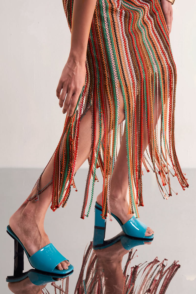 Multicolour Halter Neck Fringe Crochet Knit Midi Dress