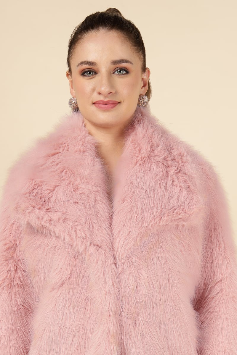 Pink Cropped Faux-Fur Jacket with Lapel Collar