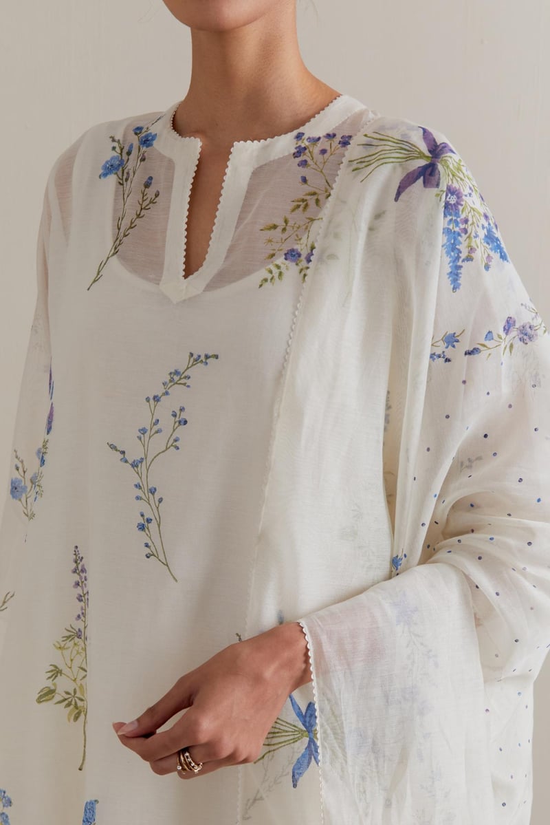 Off-White Floral Block Print Cotton Chanderi Kurta Set