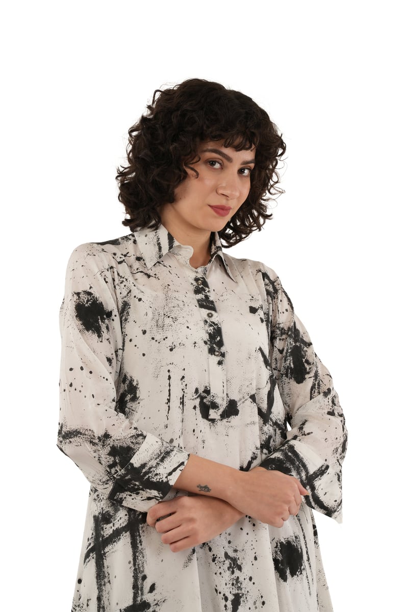 White/Black Silk Abstract Printed Longline Shirt