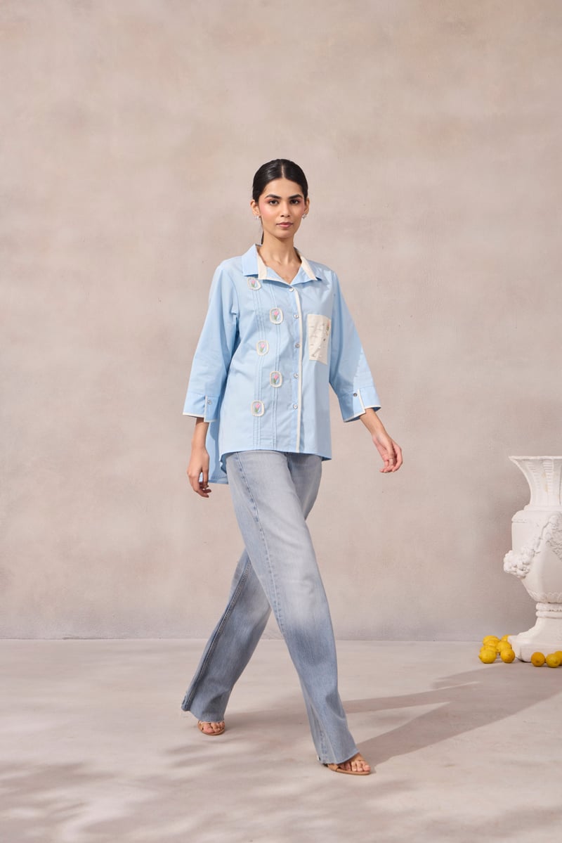 Frost Blue Cotton Poplin Shirt with Applique and Pearl Pocket