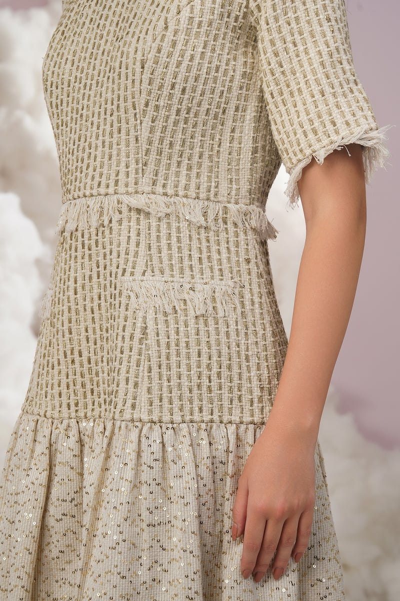 White Textured Tweed Sequin Tiered Knee-Length Dress