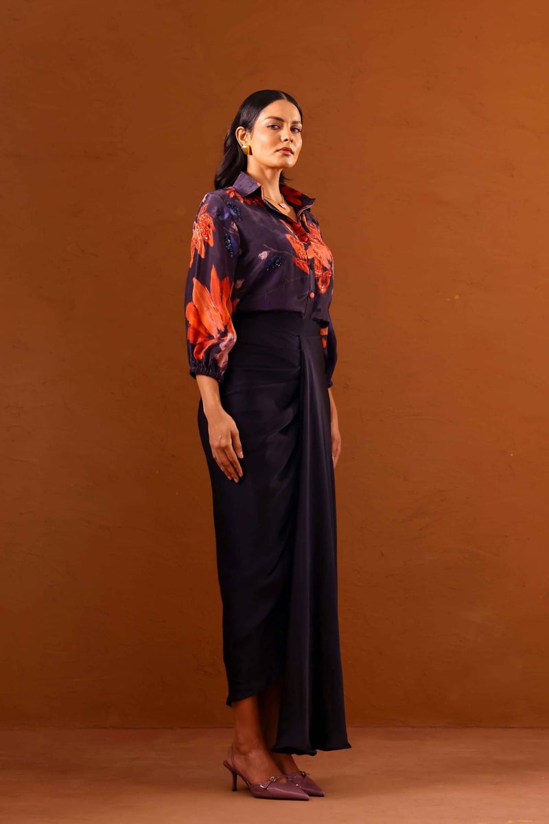 Printed Shirt and Draped Maxi Skirt Co-ord Set