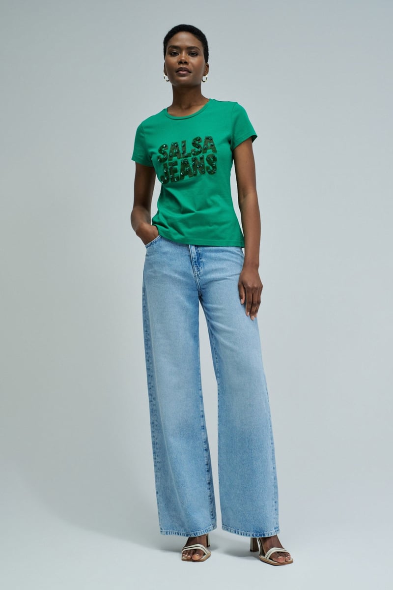 Dark Green Slim Fit Embellished Logo T-Shirt — SALSA JEANS