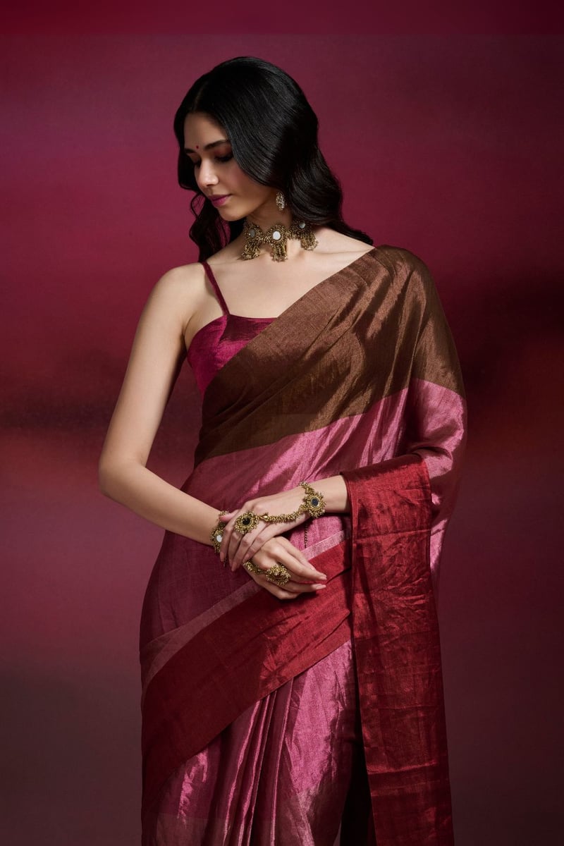 Metallic Tissue Colorblock Saree in Red Pink Brown