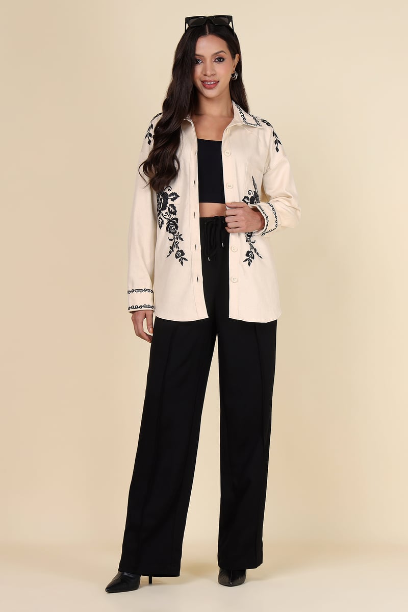 Natural Ivory Button-Down Shirt with Black Floral Motifs