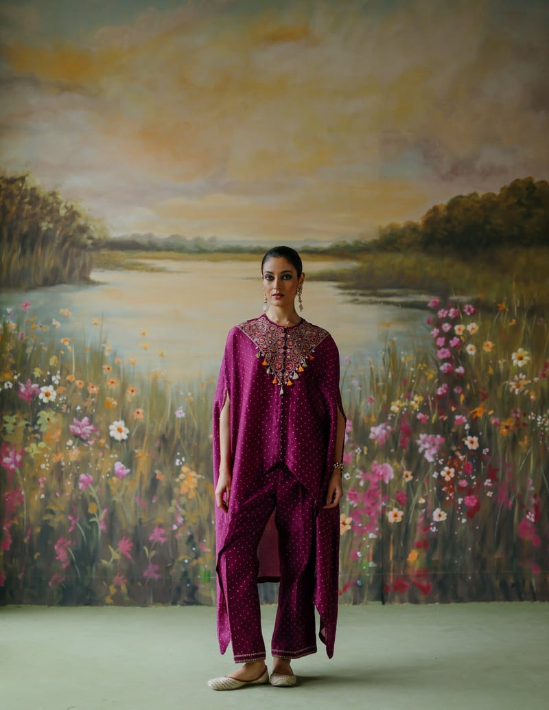 Aubergine Silk Chanderi Cape and Pants Co-ord Set