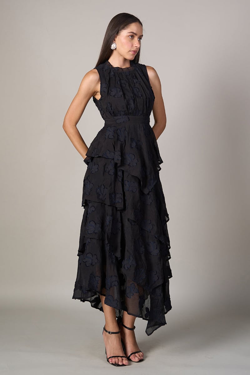 Black Jacquard Tiered Maxi Dress