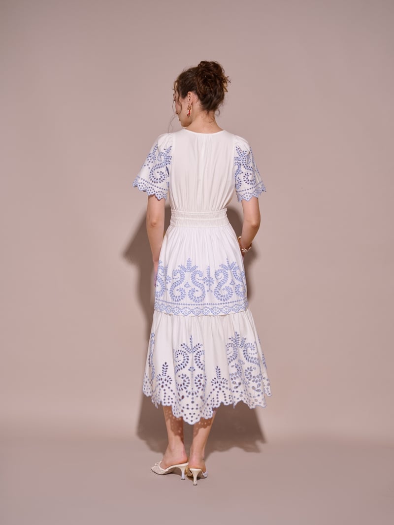 White and Blue Cutwork Tiered Cotton Midi Dress