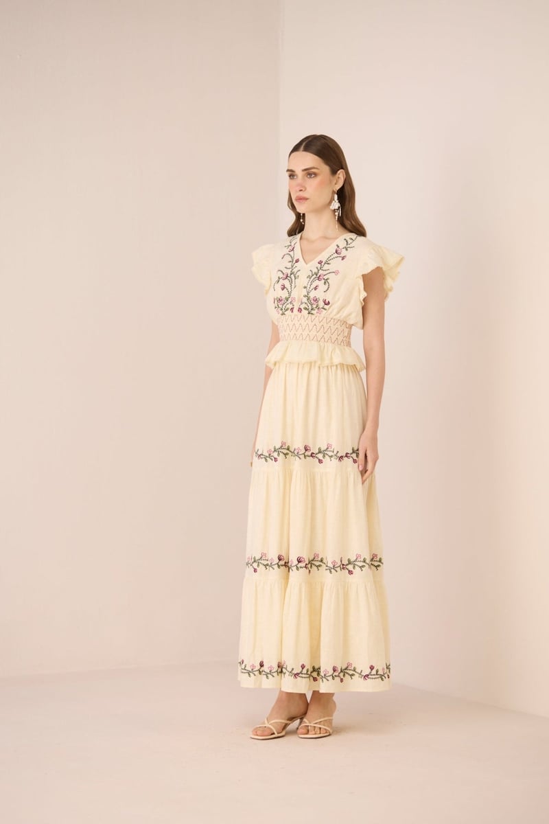 Cream Cotton Tiered Embroidered Maxi Skirt