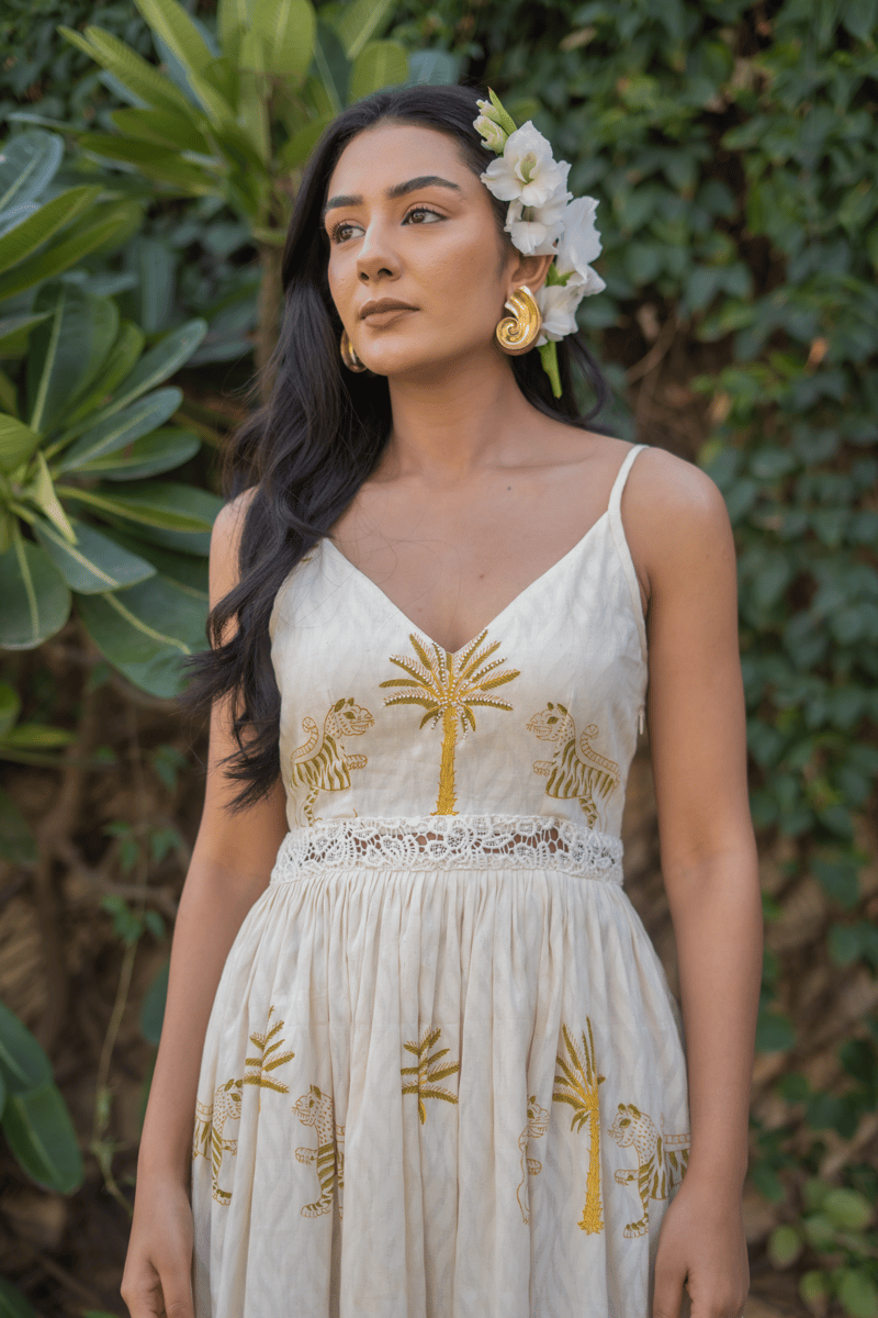 Off-White Printed Tiered Maxi Dress with Crochet Waist