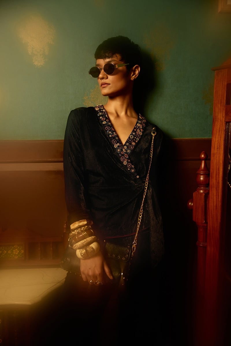 Black Micro Velvet Wrap Jumpsuit with Beaded Lapel