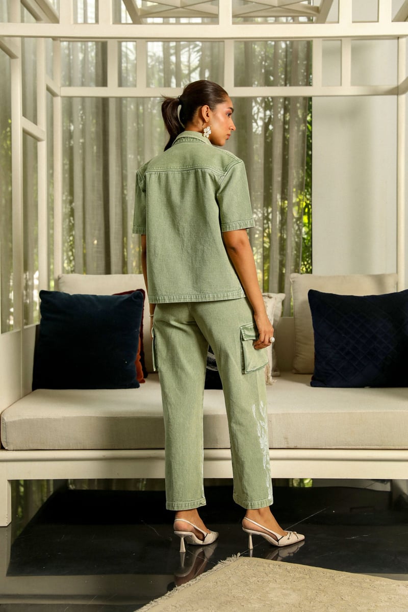 Green Cotton Twill Shirt and Cargo Pants Co-ord Set