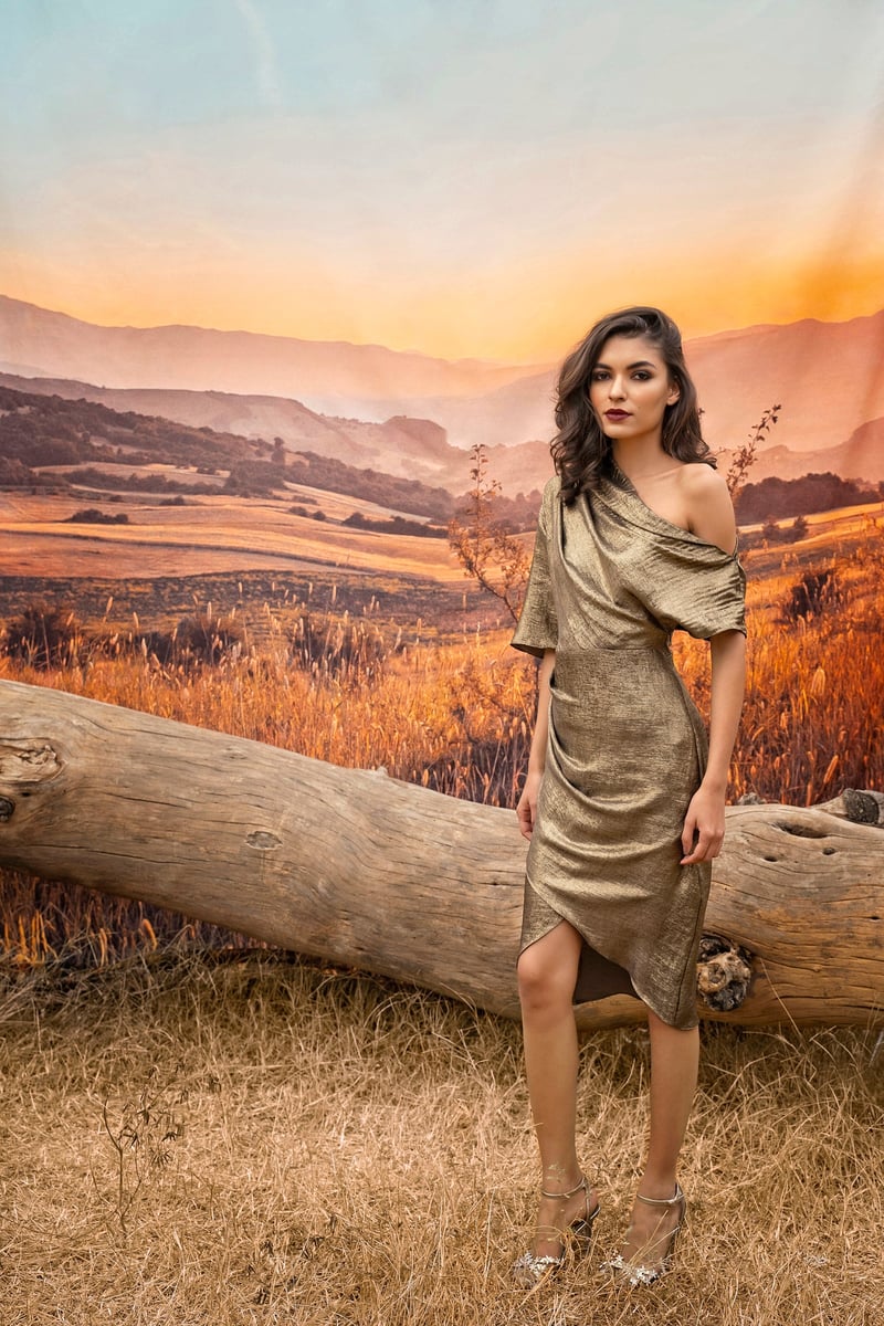 Gold Olive One-Shoulder Foil Satin Midi Dress