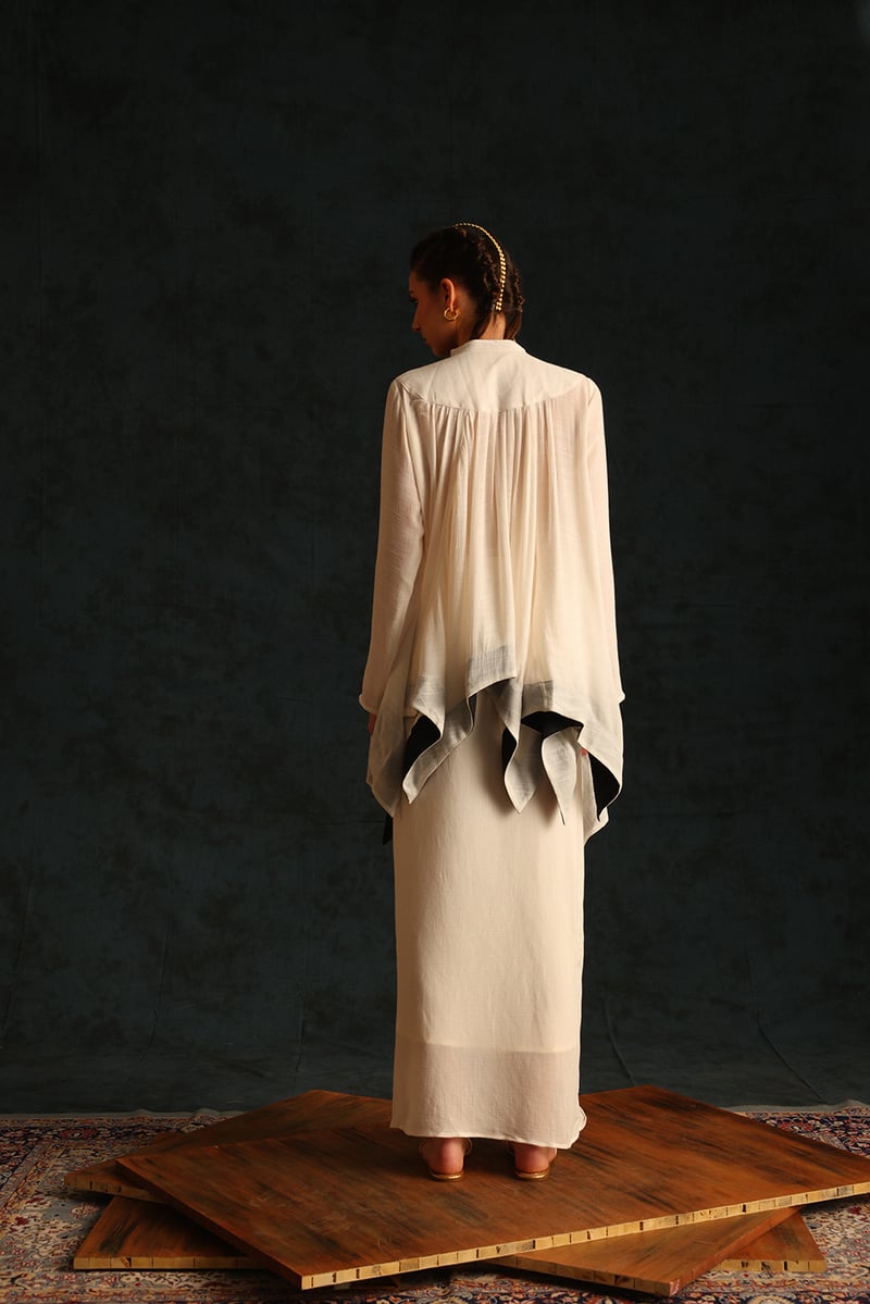 Off-White Embellished Yoke Top and Draped Skirt Co-ord Set