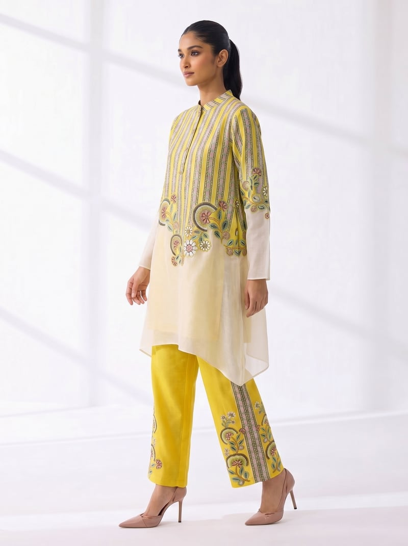 Yellow/Off White Striped Floral Linen Kurta Set
