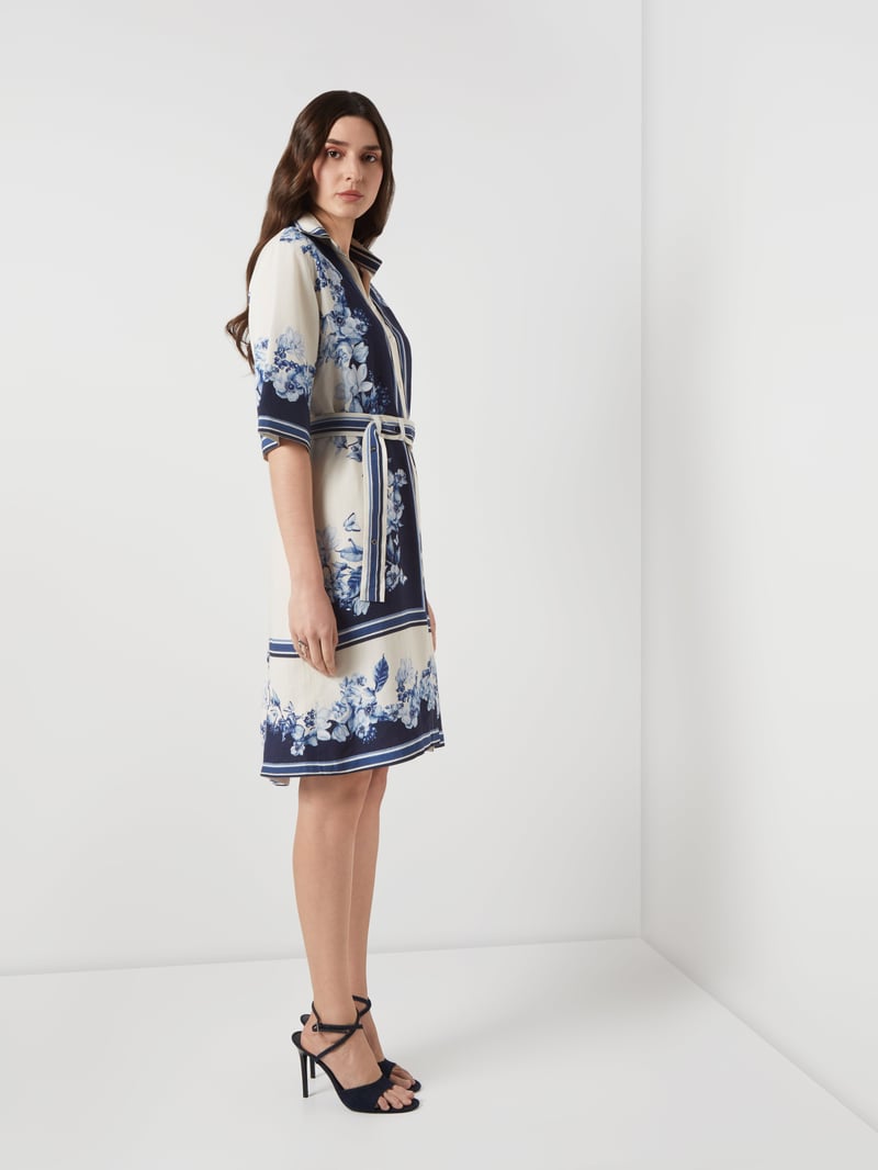 Cream and Navy Colorblock Floral Belted Shirt Dress