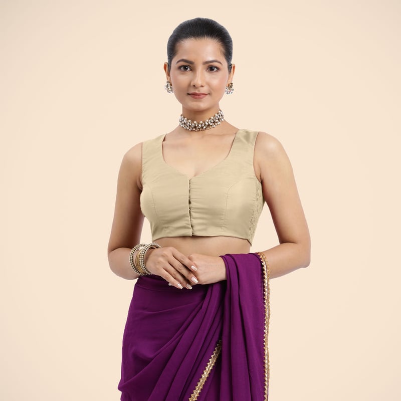 Cream Sleeveless Curved V-Neck Front-Open Saree Blouse