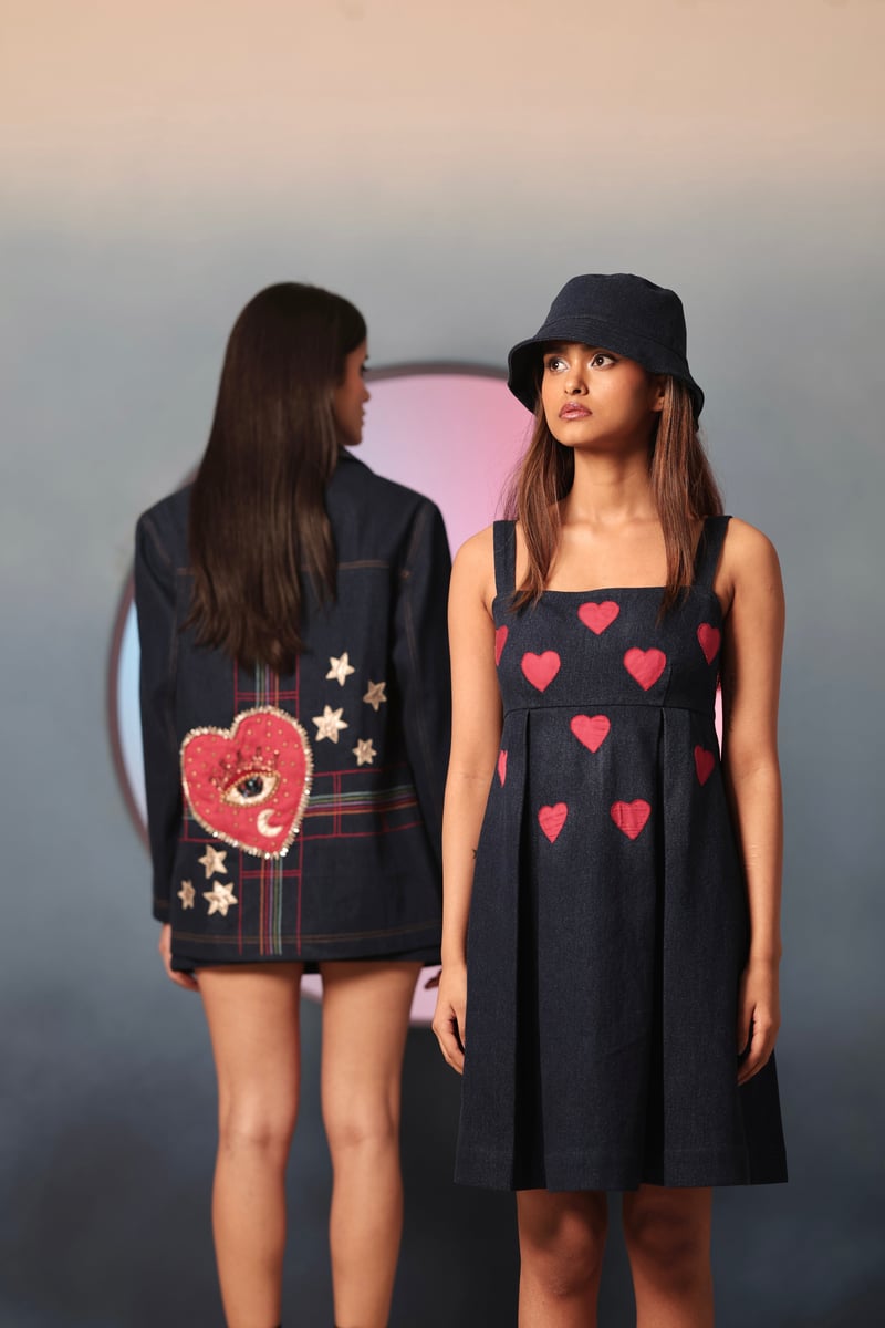 Blue Denim Square Neck Mini Dress with Heart Motif