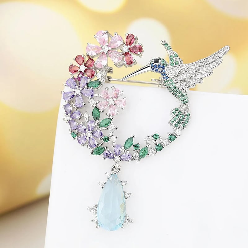 Crystal Hummingbird & Floral Wreath Brooch
