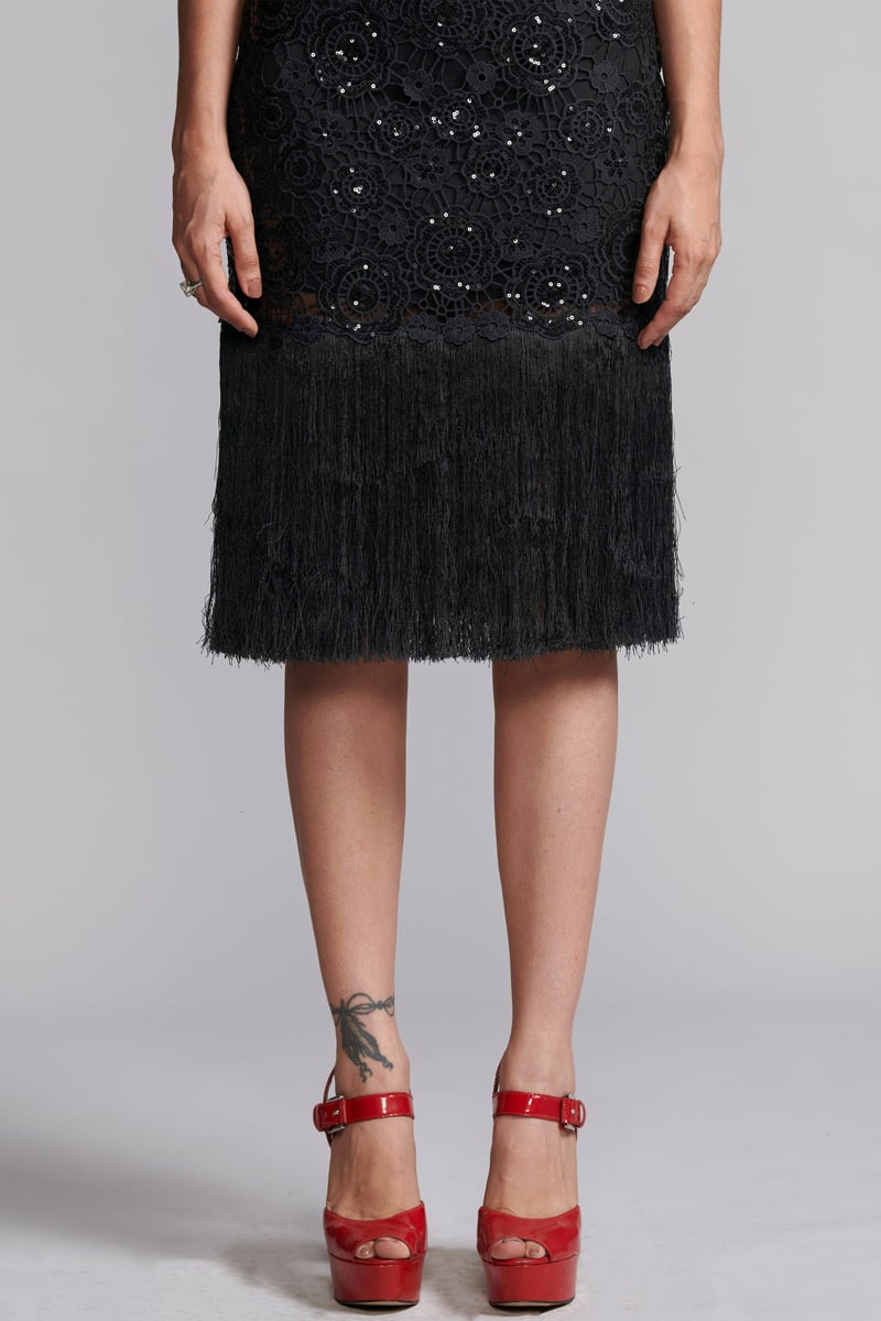 Black Strapless Sequin Lace Fringe Hem Midi Dress