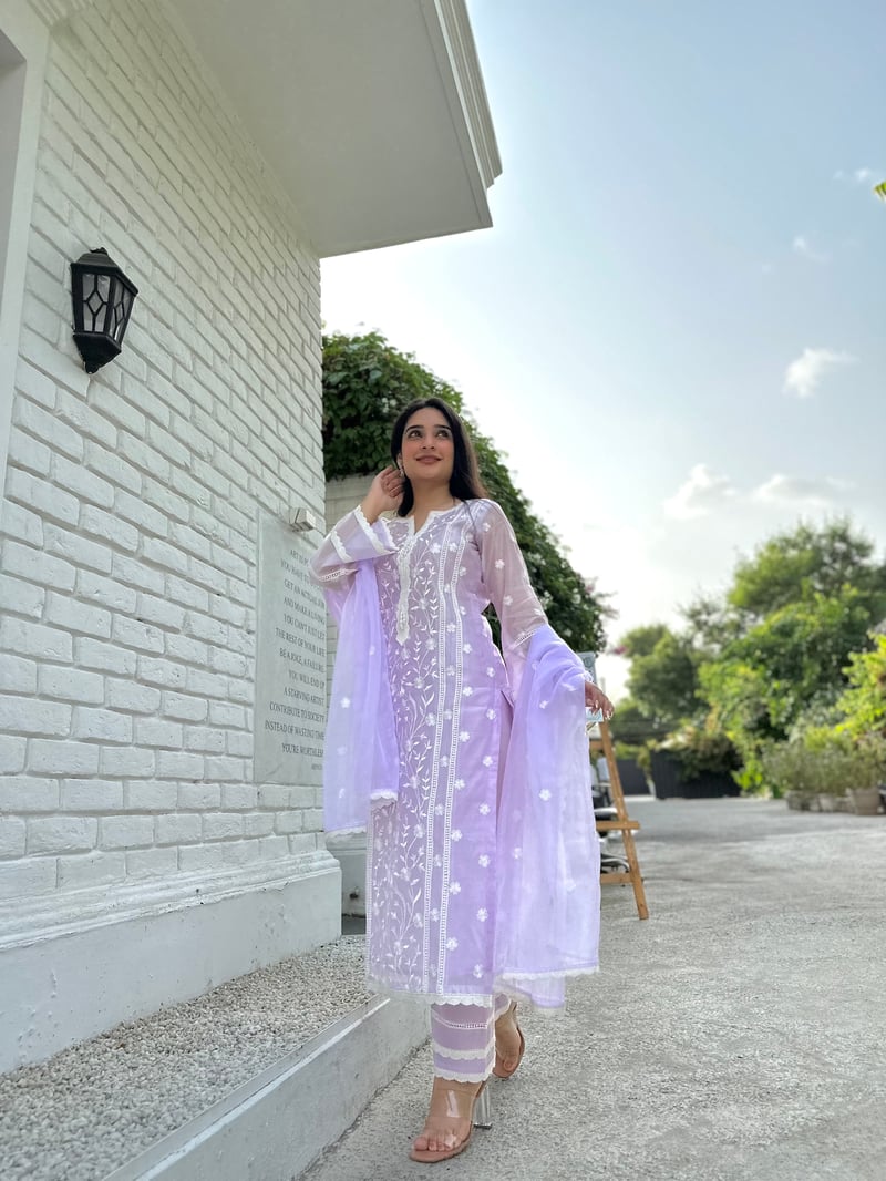 Lavender Embroidered Chanderi Suit Set with Organza Dupatta