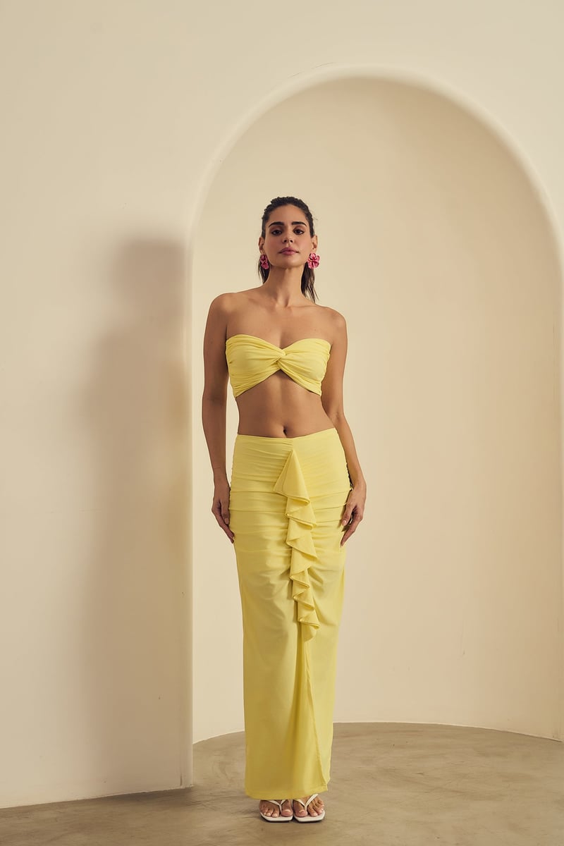 Yellow Ruched Ruffle Maxi Skirt with Front Slit