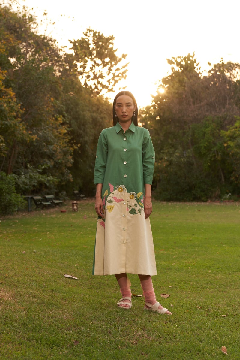 Green Two-Tone Midi Shirt Dress with Applique Detail