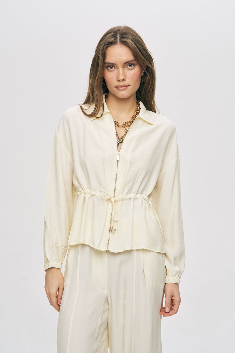 Cream Collared Zip-Front Drawstring Waist Top