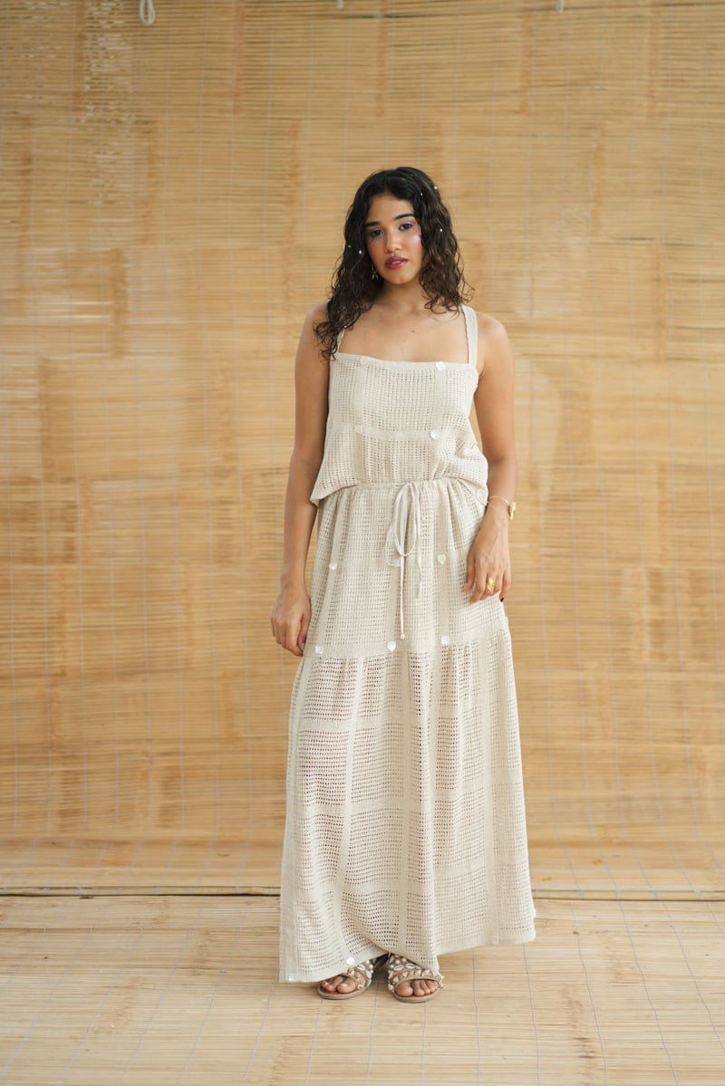 Beige Crochet Top and Tiered Maxi Skirt Co-ord Set