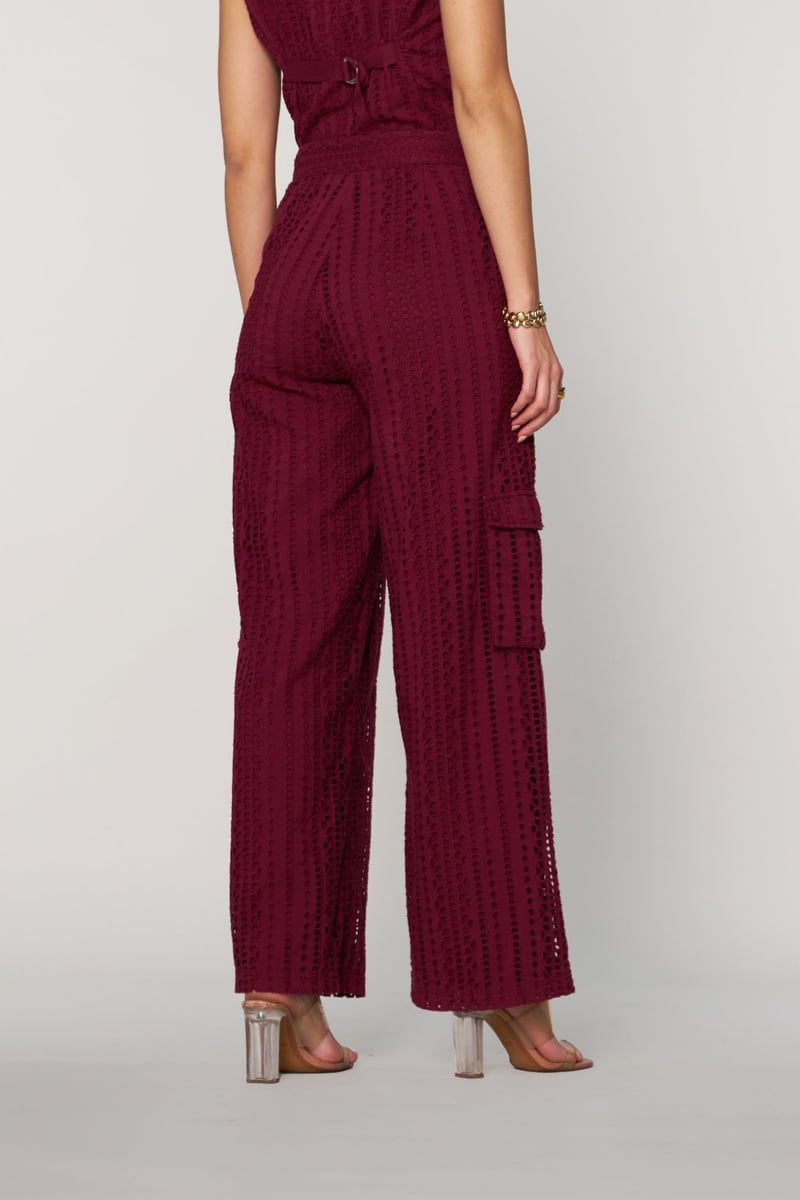 Wine Schiffli Cutwork Wide-Leg Cargo Pants