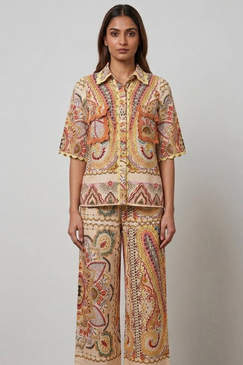 Multicolor Paisley Linen Shirt and Wide-Leg Co-ord Set