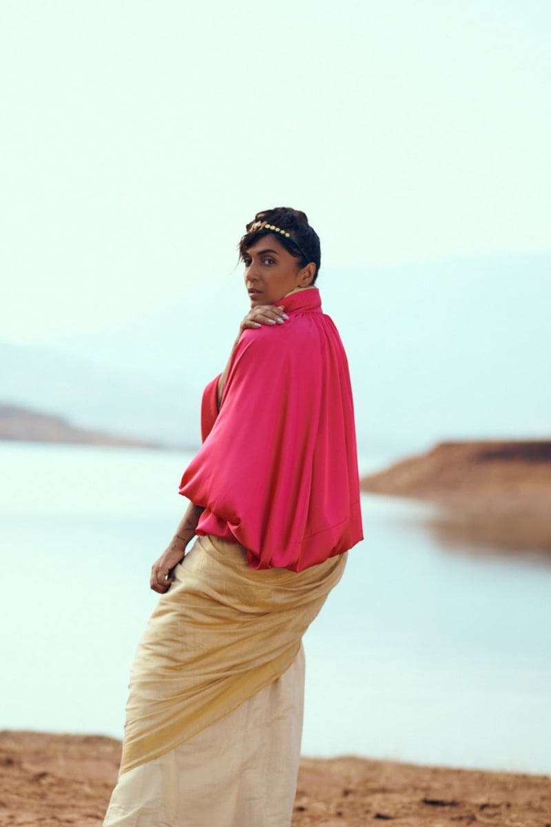 Fuchsia Pink Flowy Satin High-Neck Draped Top