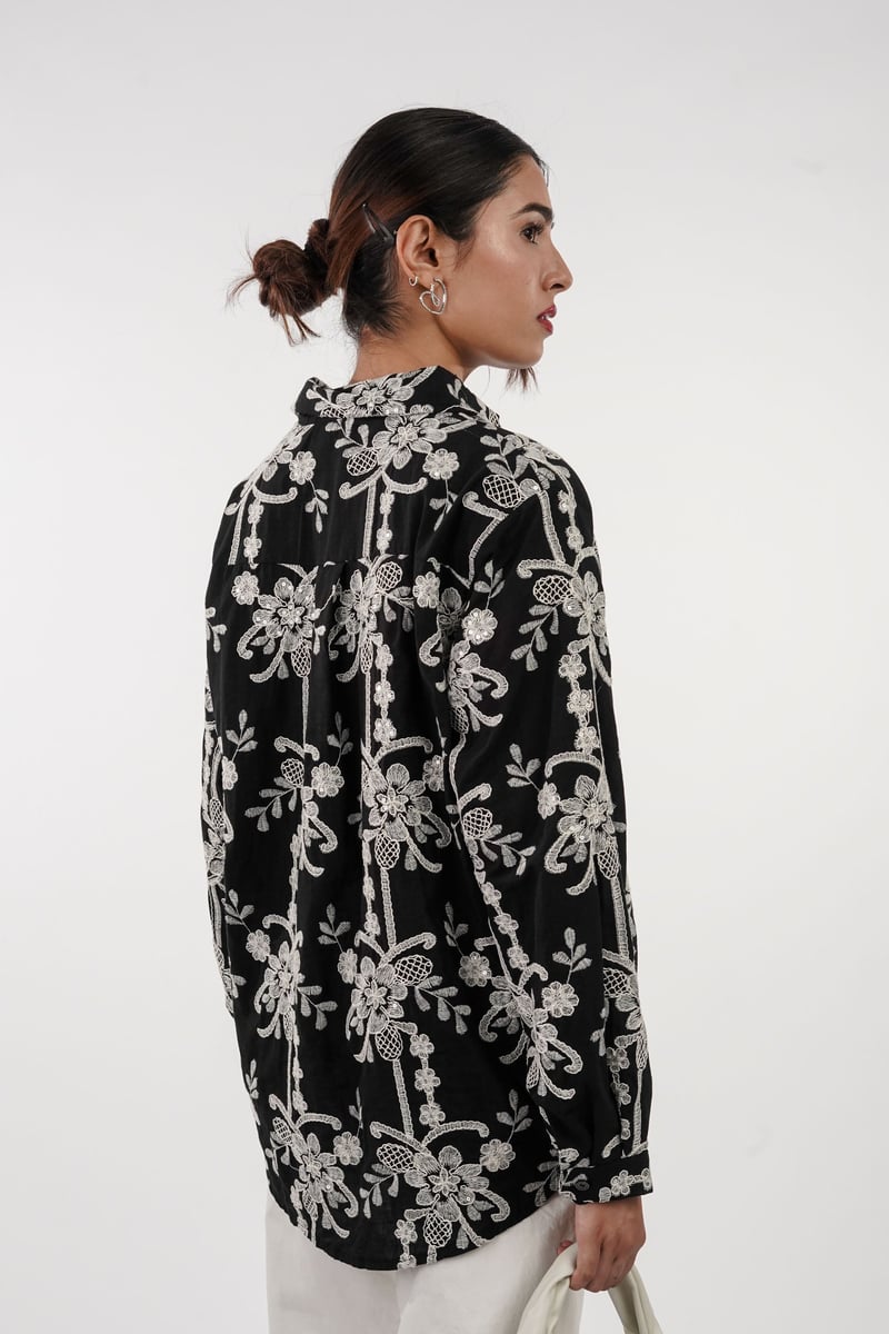 Black Embroidered and Embellished Button-Down Shirt