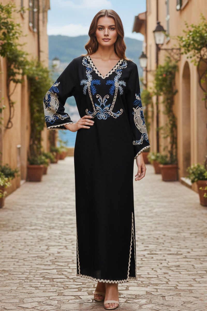 Black Linen Embroidered V-Neck Kaftan
