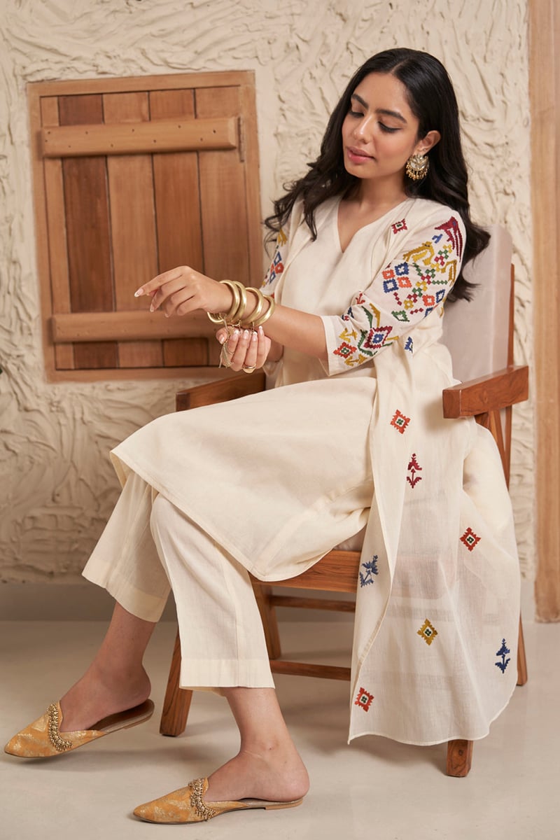 Ivory A-Line Embroidered Kurta Set with Straight Pants