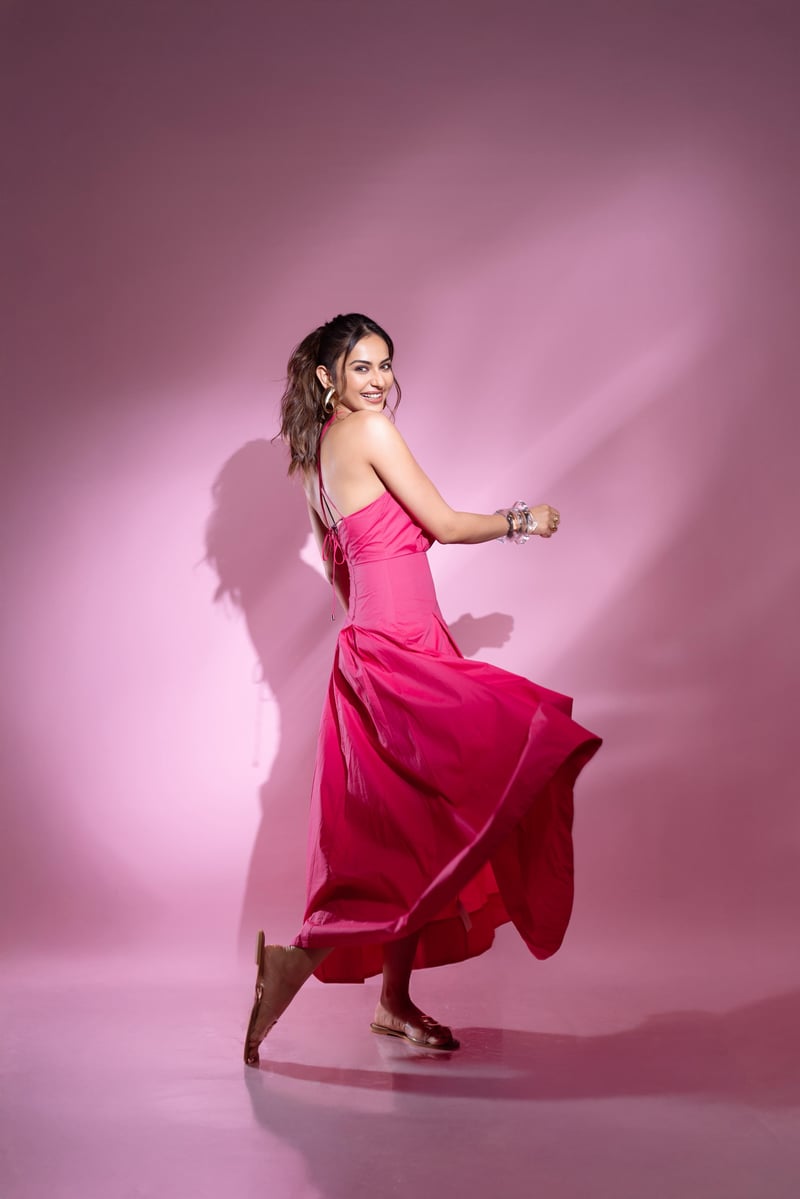 Hot Pink Cotton Halter Neck Midi Dress with Dropped Waist
