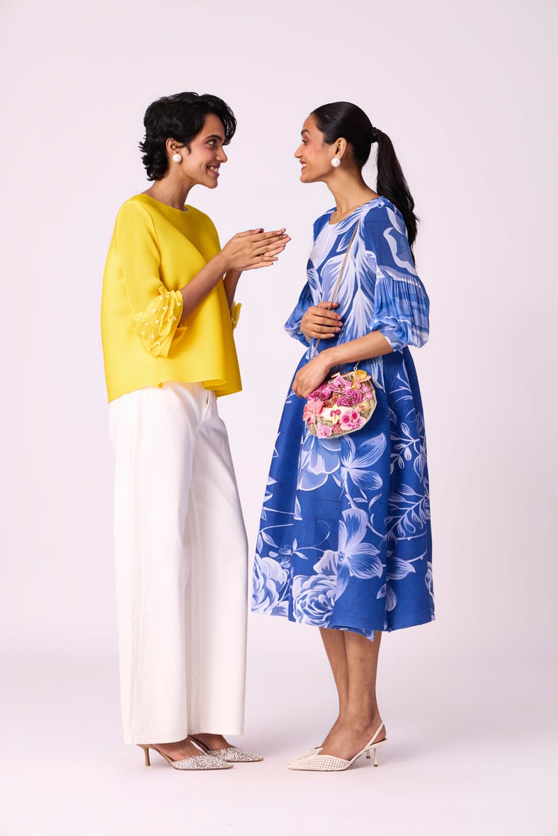 Blue Floral Pleated Fit and Flare Midi Dress