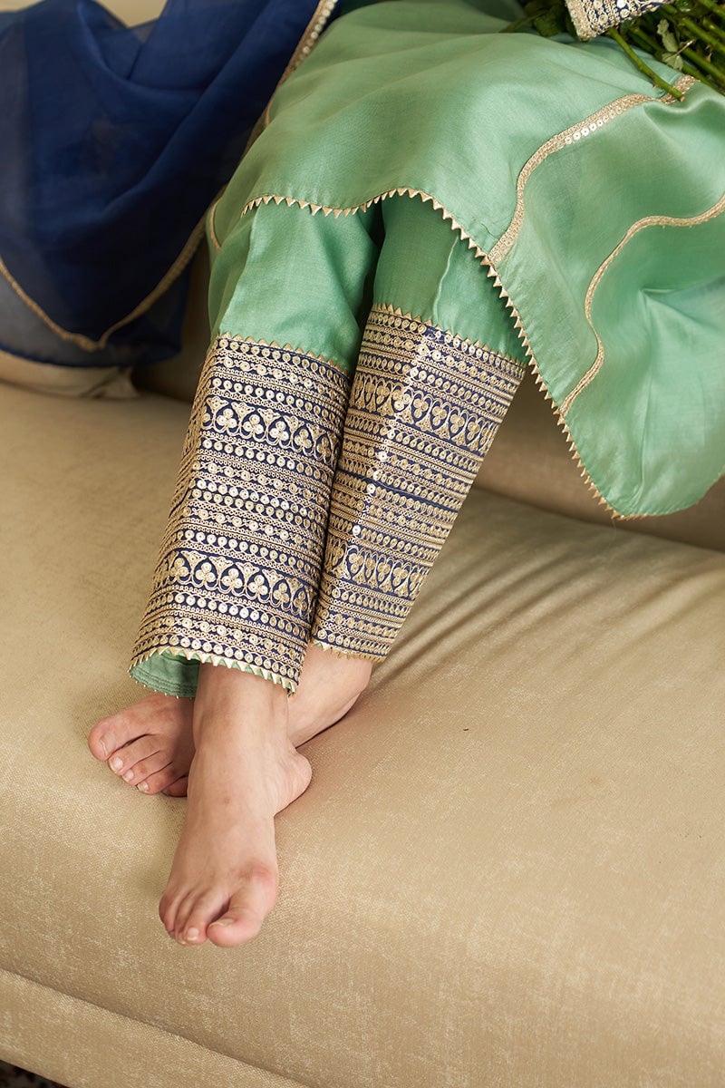 Green Silk Chanderi Kurta Set with Navy Dupatta