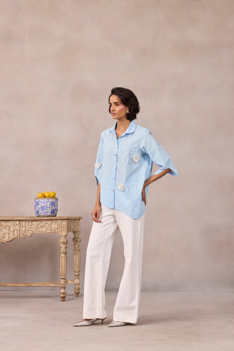 Frost Blue Applique Button-Down Shirt with Wave Hem