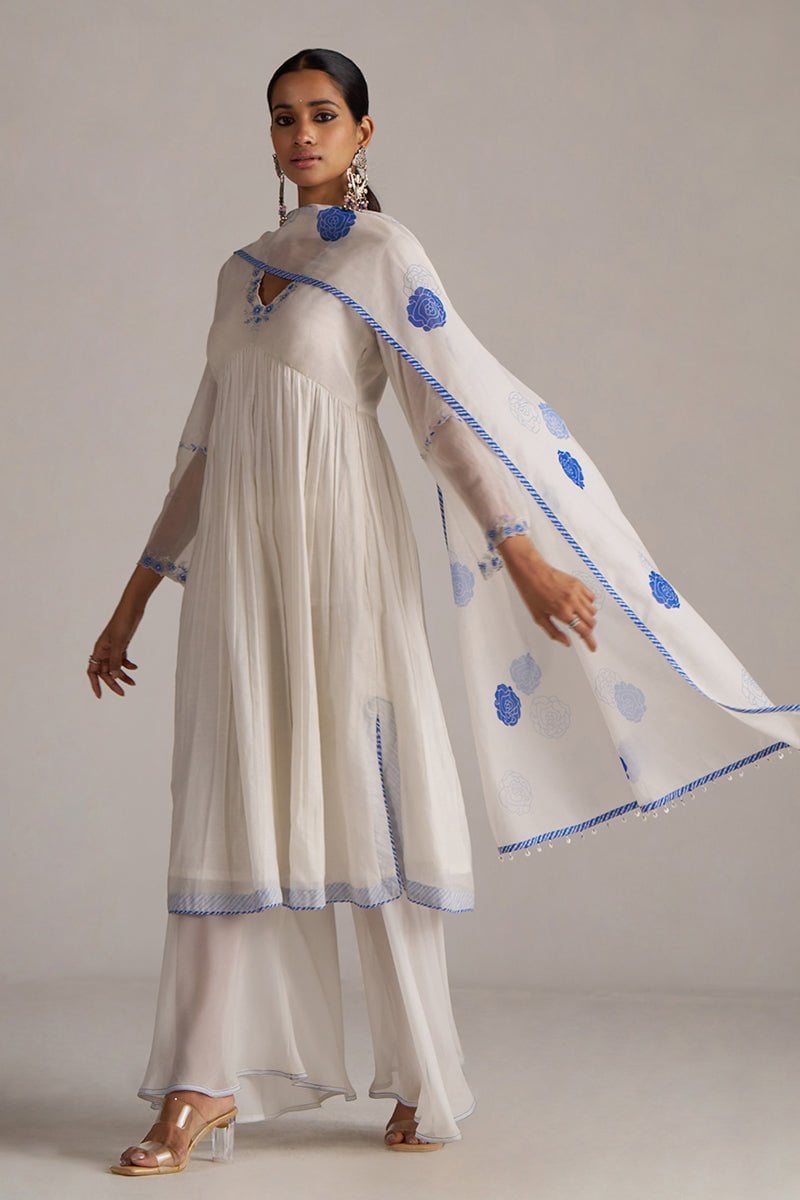 Marshmellow and Cobalt Blue A-Line Chanderi Kurta Set
