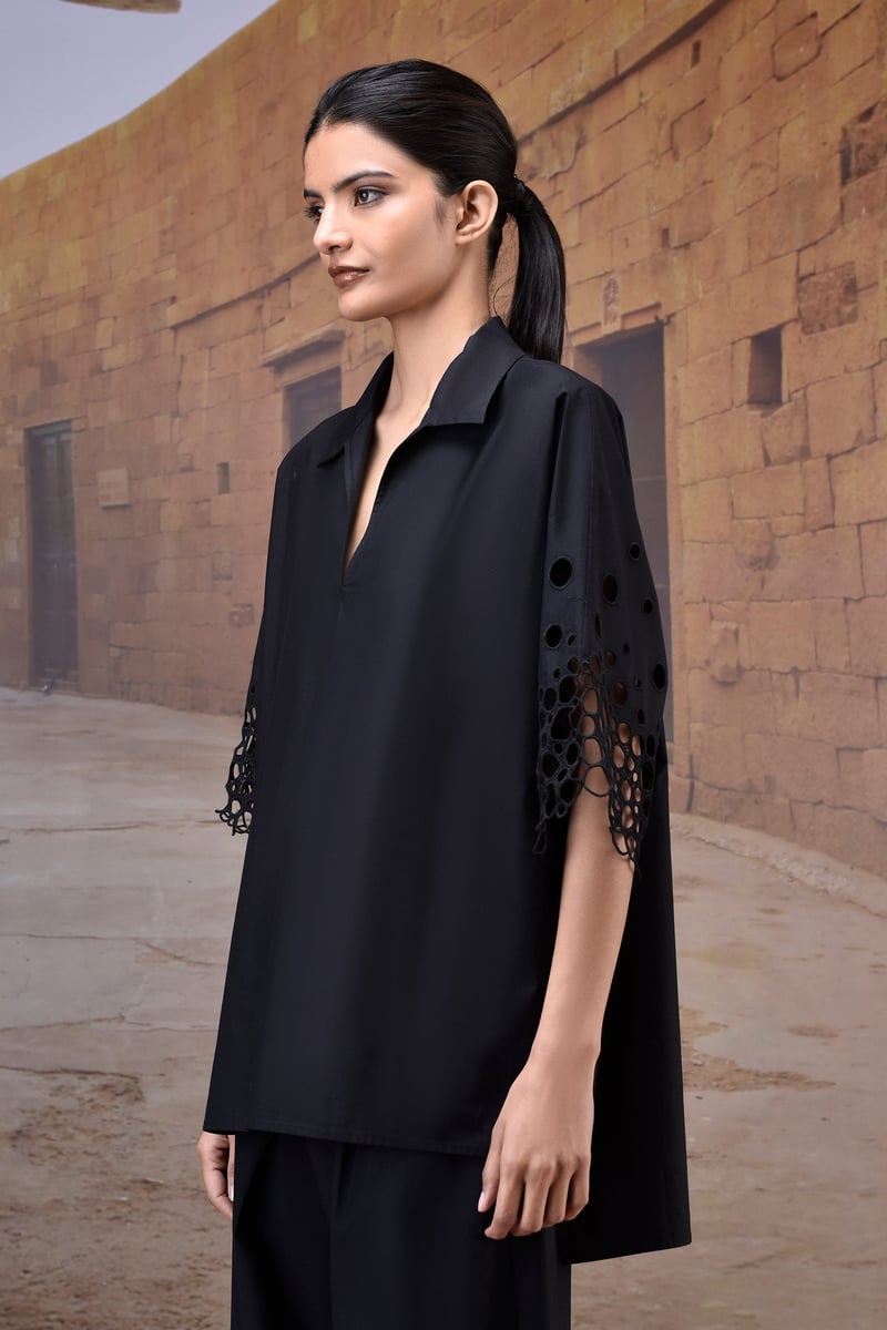 Black Poplin Shirt with Cutwork Embroidered 3/4 Sleeves