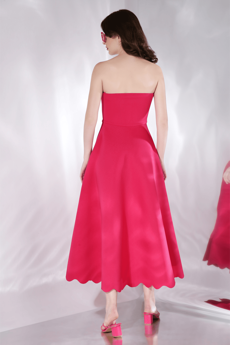 Hot Pink Fit and Flare Midi Dress with Detachable Bow