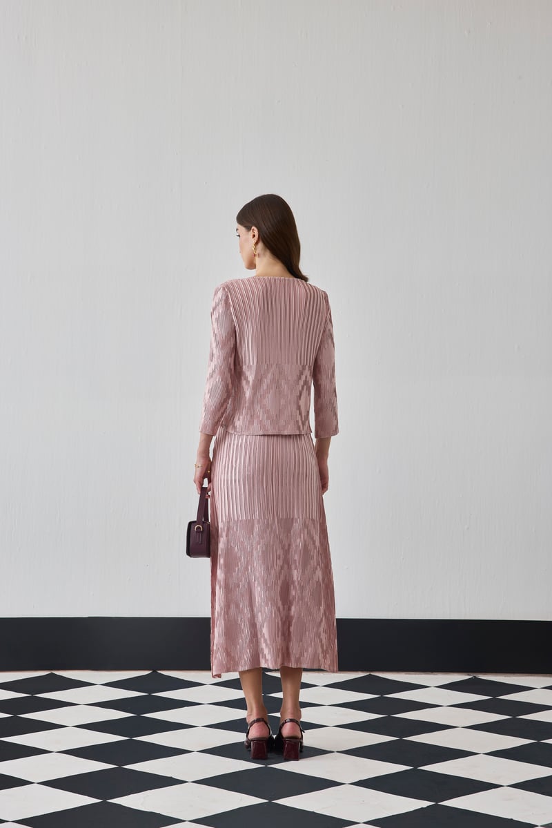 Nude Pink Pleated Printed Top and Midi Skirt Co-ord Set