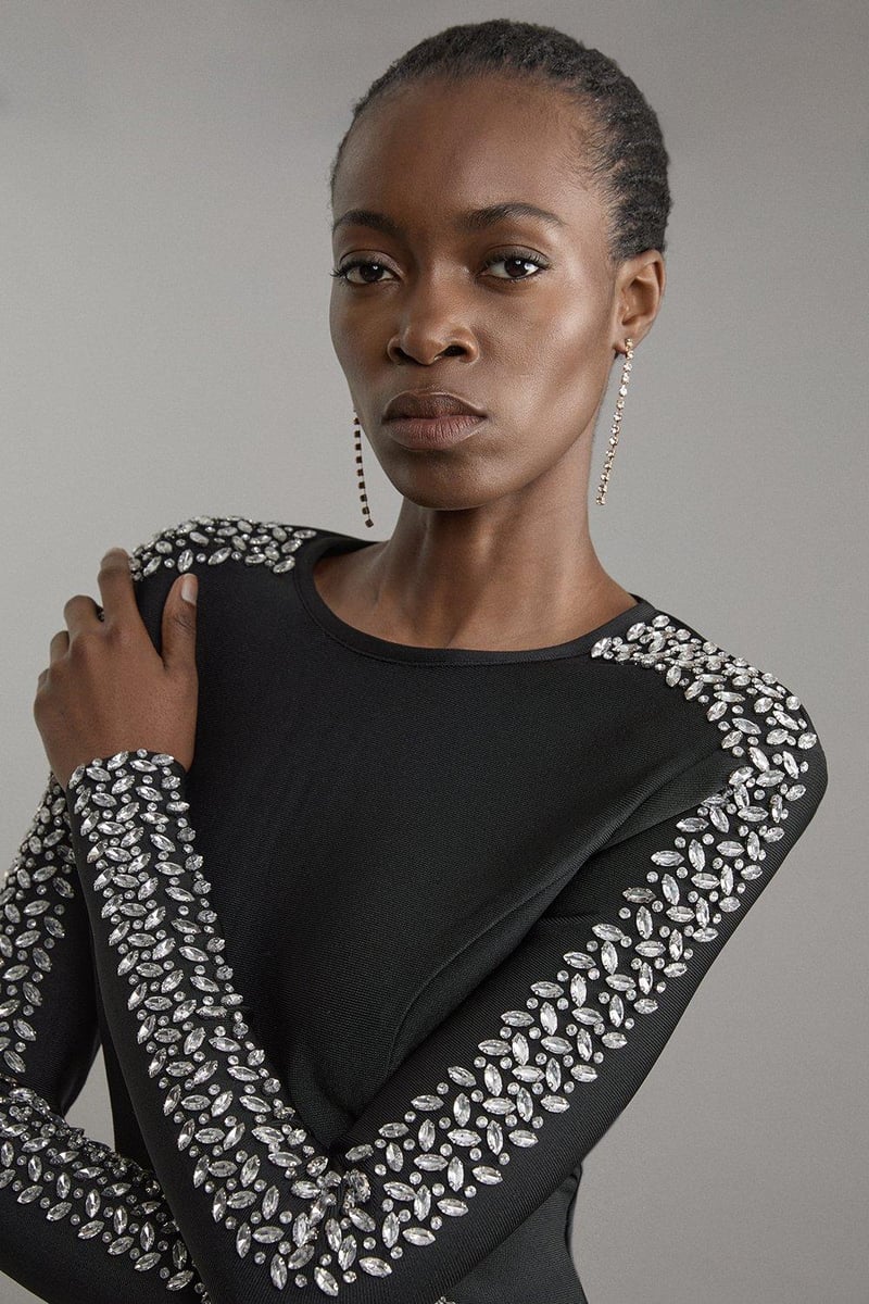 Black Bandage Knit Crystal-Embellished Sleeve Top
